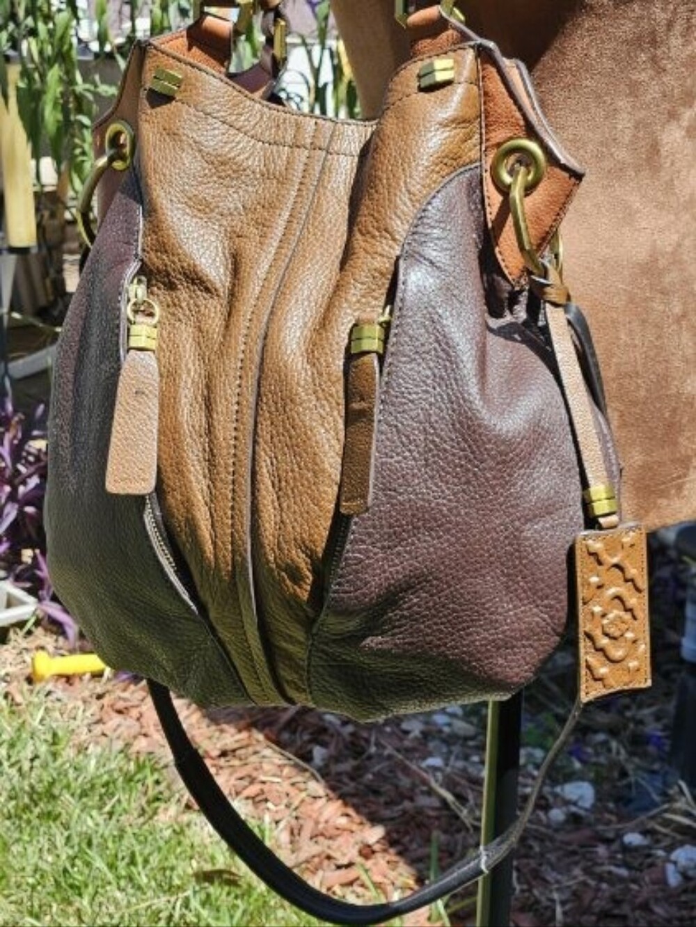 orYANY Color-Blocked Three-Tone Brown Leather Hobo with Gold Hardware. GUC.